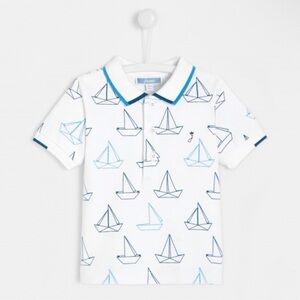 Jacadi Boys White Pique Knit Polo Shirt with Blue Sailboat Print - Size 12M
